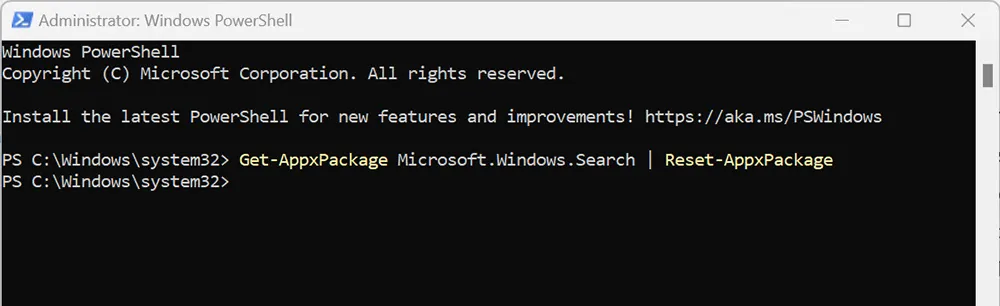 Resetting Microsoft Windows Search package using a PowerShell command