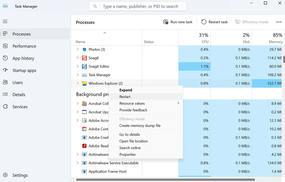 Restarting Windows Explorer in Task Manager