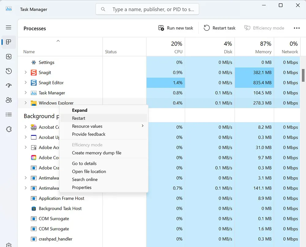 Restarting Windows Explorer from Task Manager in Windows 11