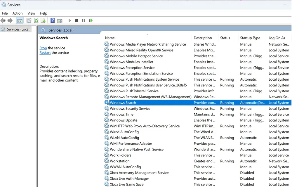 Restarting Windows Search service in the Services console
