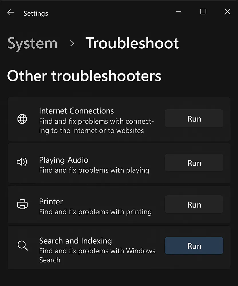 Running the Search and Indexing troubleshooter in Windows 11 Settings