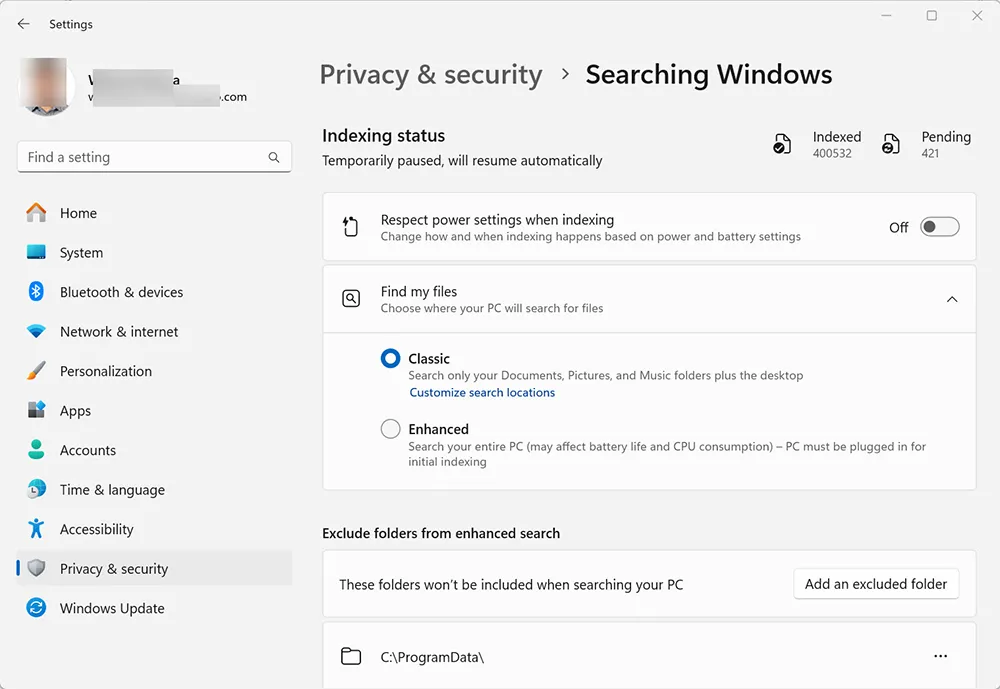 Windows 11 Searching Windows settings showing indexing mode and locations