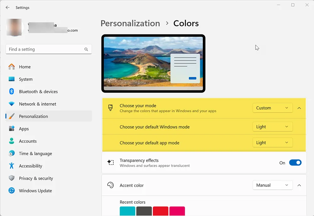 Windows 11 custom mode color settings for app mode and Windows mode