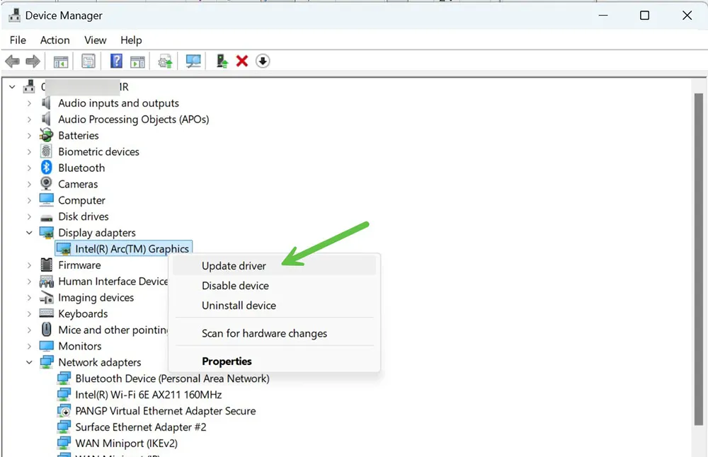 Windows 11 Device Manager showing display adapter driver options