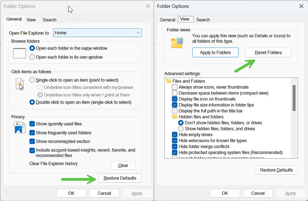 File Explorer options dialog in Windows 11 with reset and clear history controls