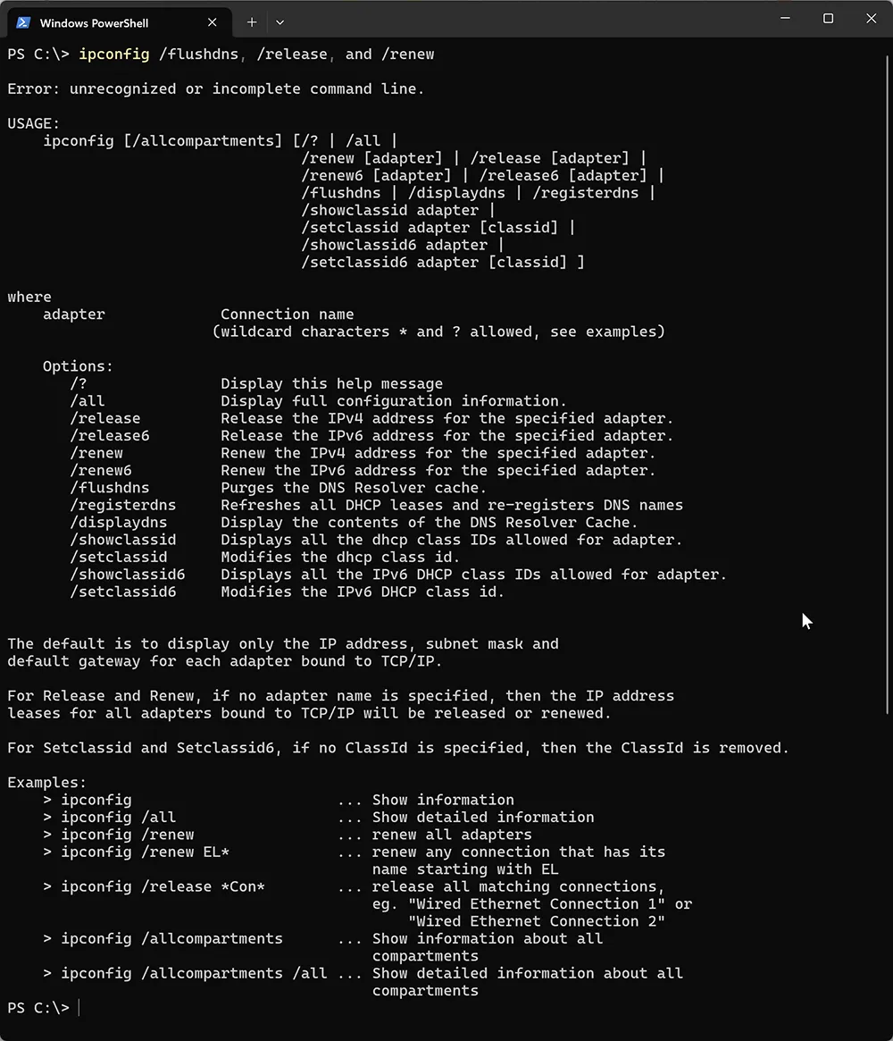 Command prompt showing ipconfig flushdns release renew commands