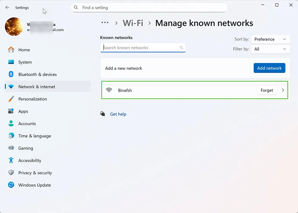 Windows 11 Manage known networks showing Forget option
