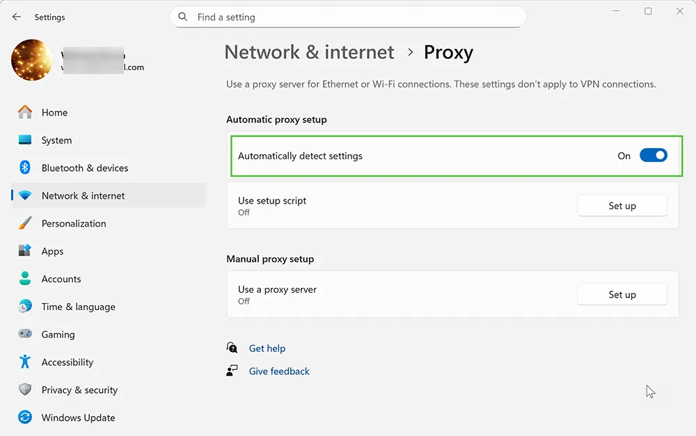 Windows 11 security and proxy settings check for malware-related connectivity issues