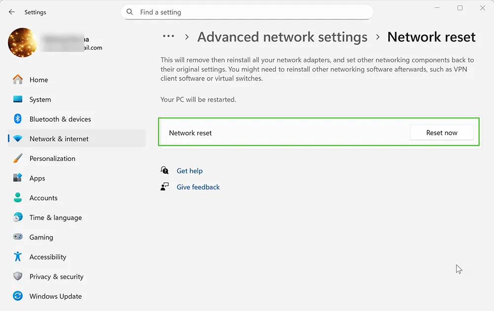 Windows 11 Network reset option in Advanced network settings