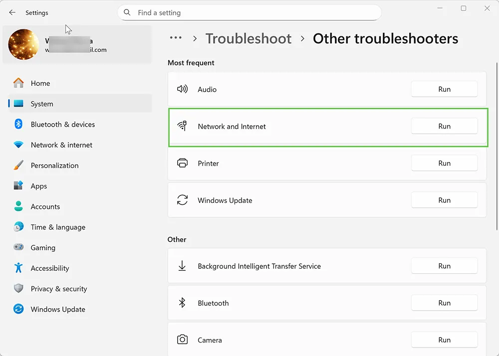 Windows 11 Network Adapter troubleshooter in Settings