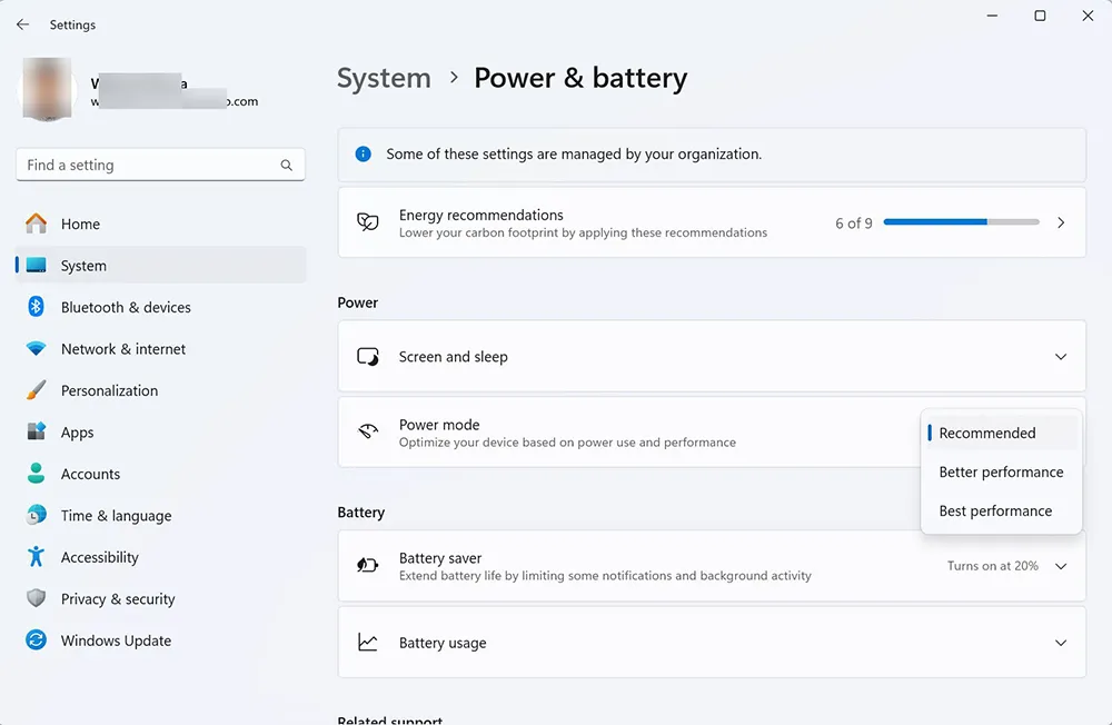 Windows 11 power mode set to Best performance