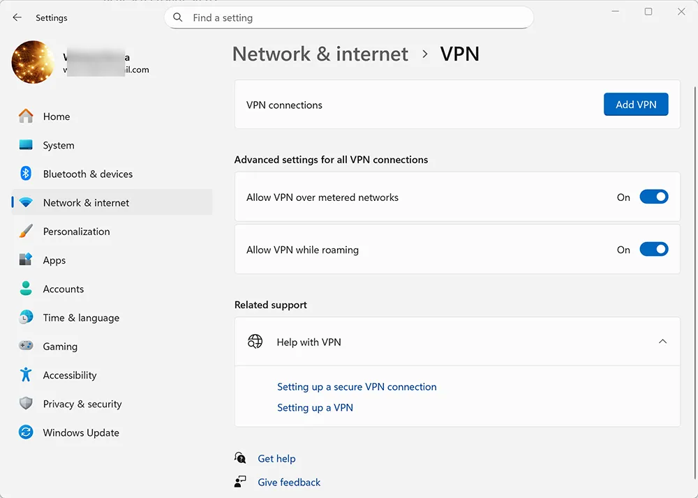 Windows 11 proxy and VPN settings in Network & internet