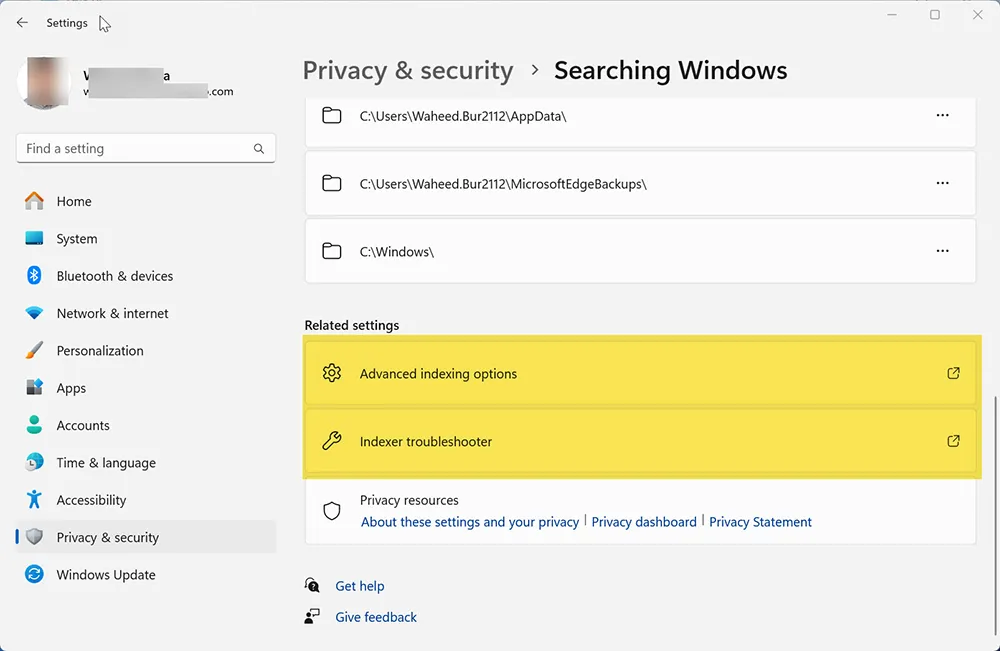 Searching Windows indexing settings