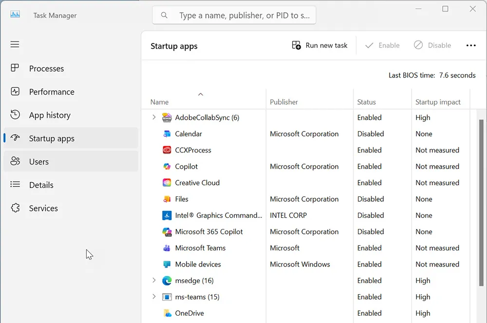 Startup apps list in Task Manager