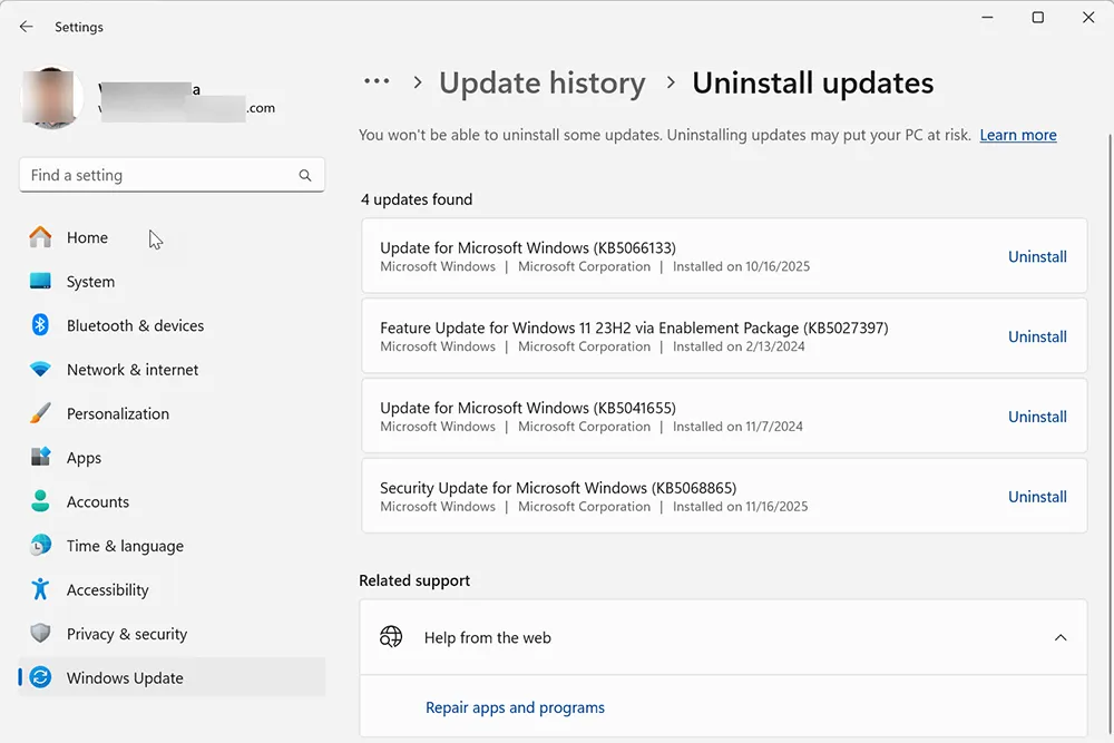 Windows 11 Update history page showing uninstall updates option