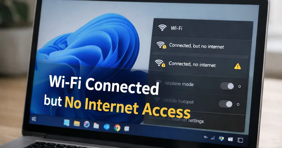 Windows 11 laptop showing Wi-Fi connected but no internet access in network settings