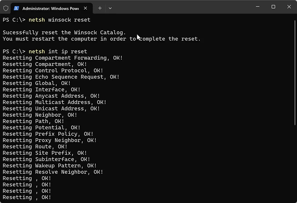 Windows 11 terminal showing netsh winsock reset and netsh int ip reset commands