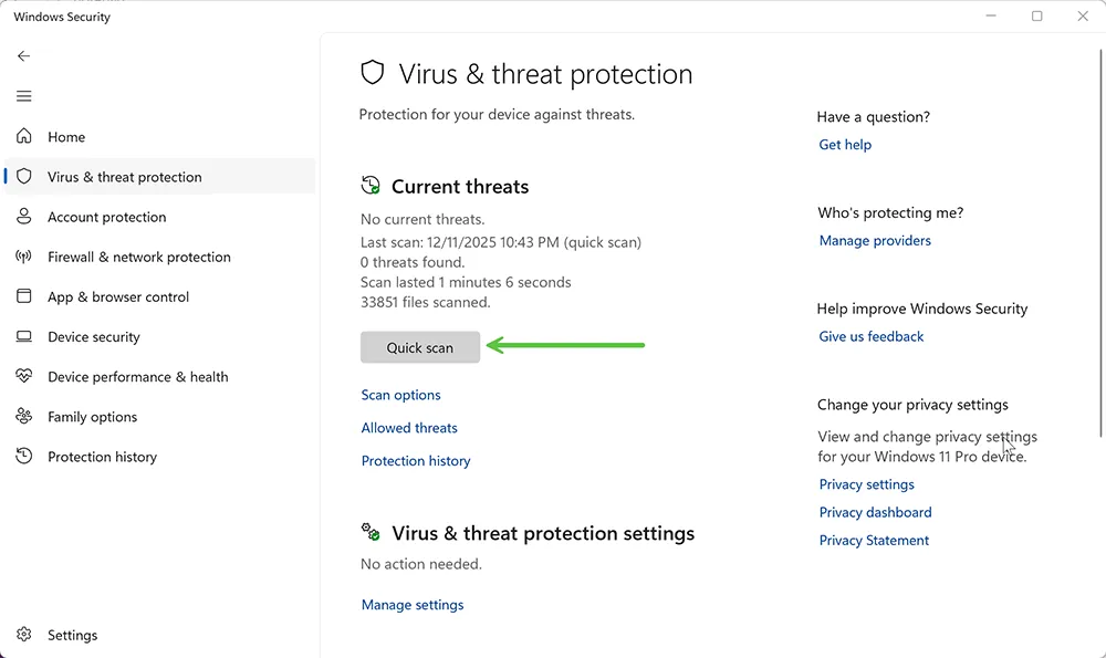 Running a Quick Scan in Windows Security to check for malware