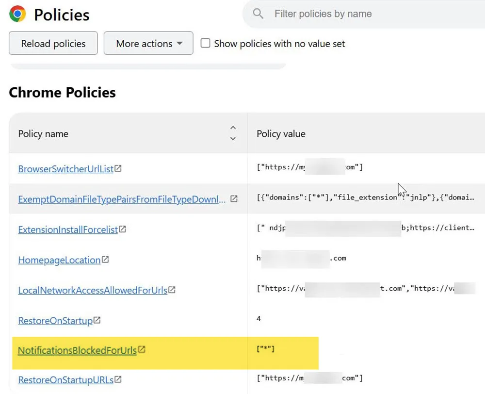 Chrome policy showing NotificationsBlockedForUrls wildcard block