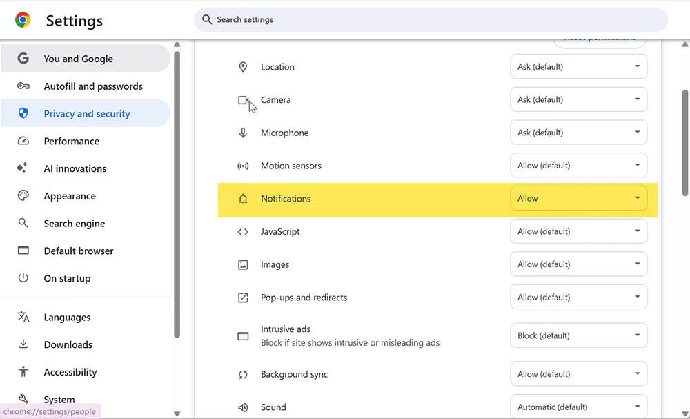 Chrome site notification settings allowed for managed website
