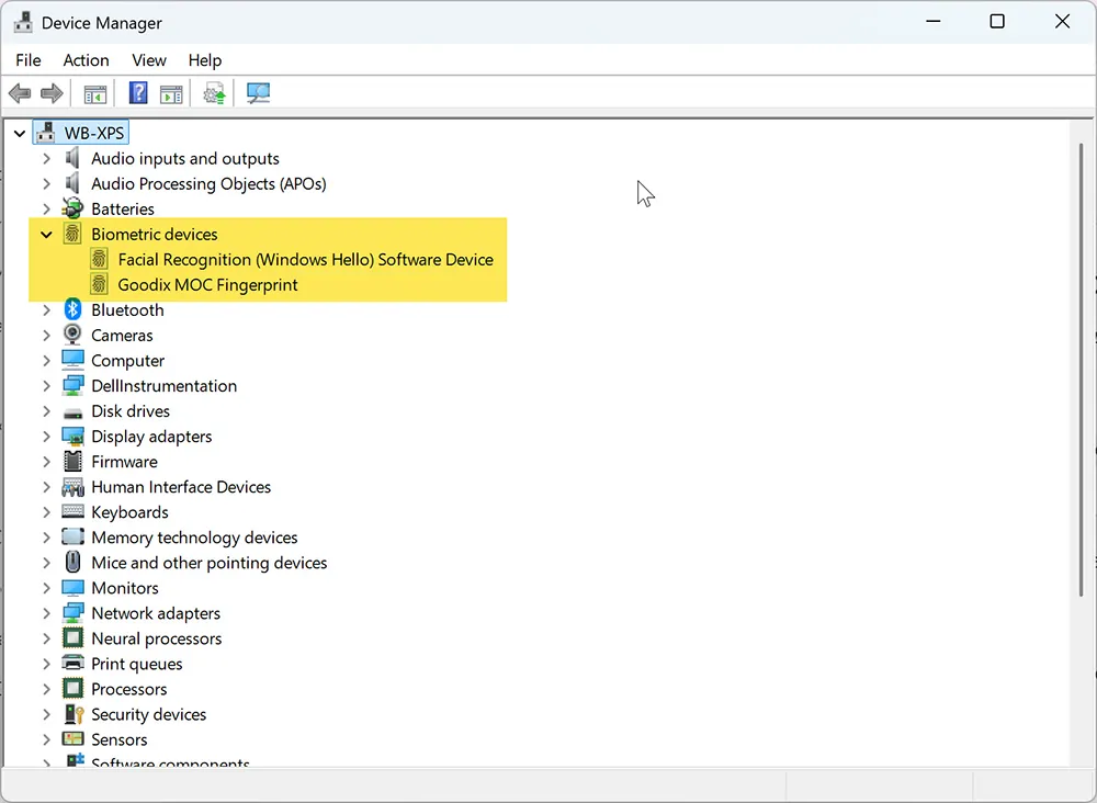 Biometric device driver in Windows Device Manager