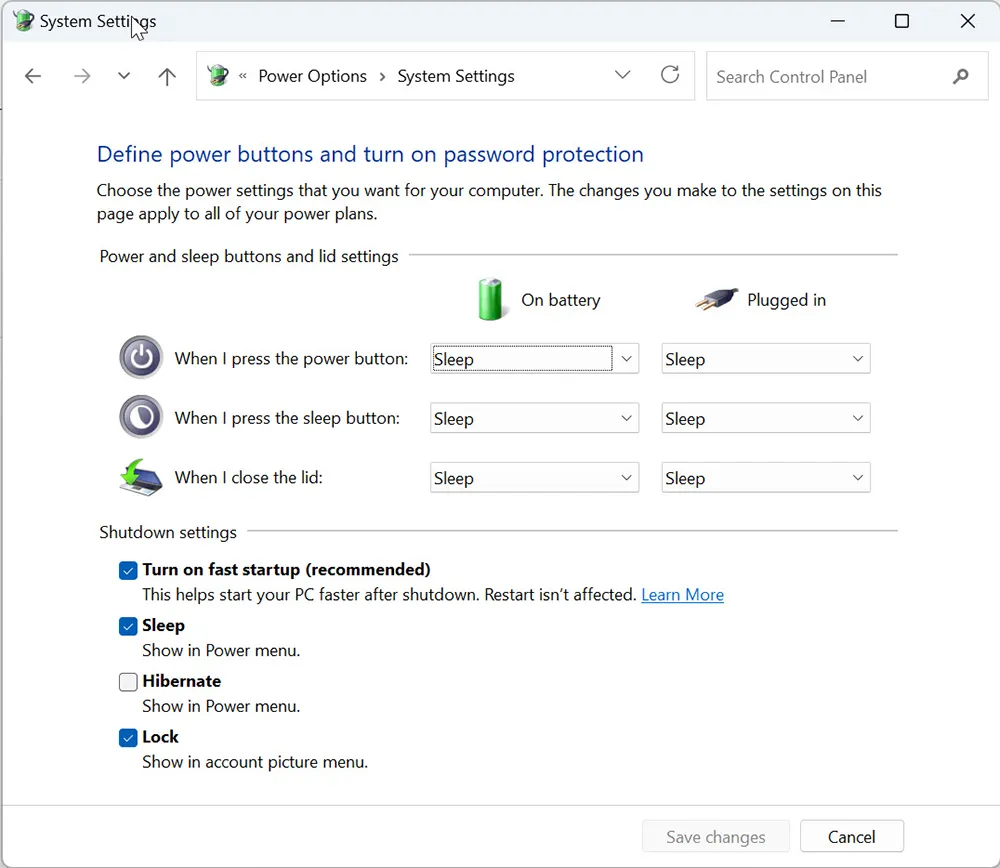 Windows 11 Power Options showing Fast Startup setting