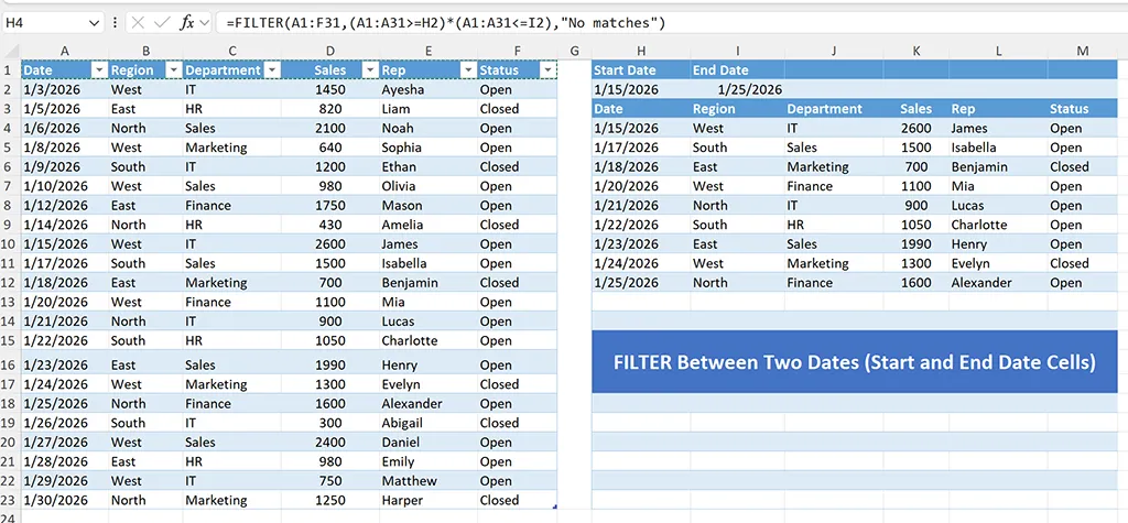 Excel FILTER function returning rows between a start date and end date