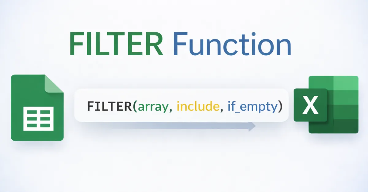Spreadsheet showing the FILTER function returning matching rows in Google Sheets and Excel