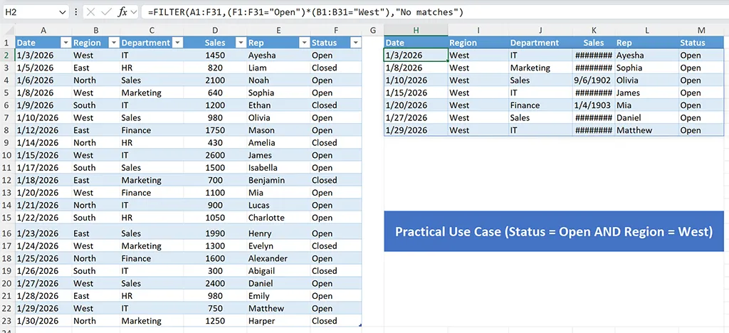 Excel FILTER formula returning open records for the West region