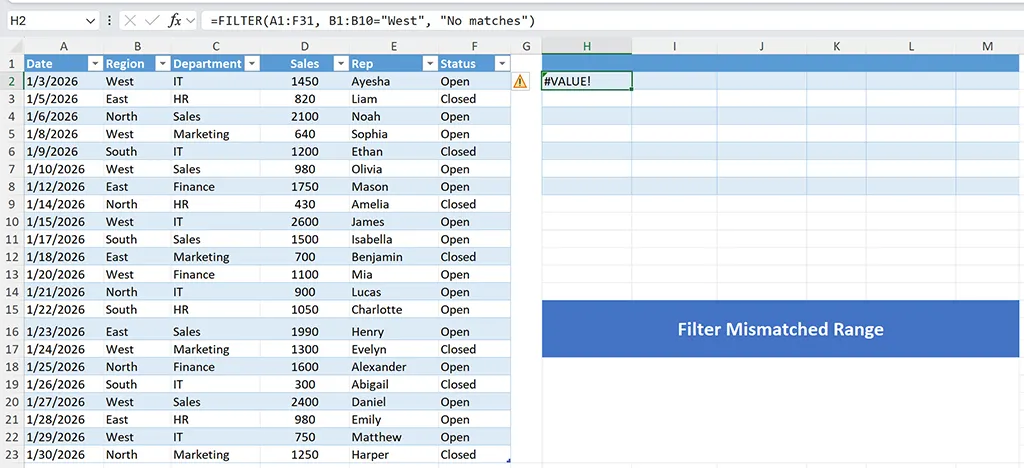 Spreadsheet highlighting a mismatched range issue where FILTER array and include ranges are different sizes