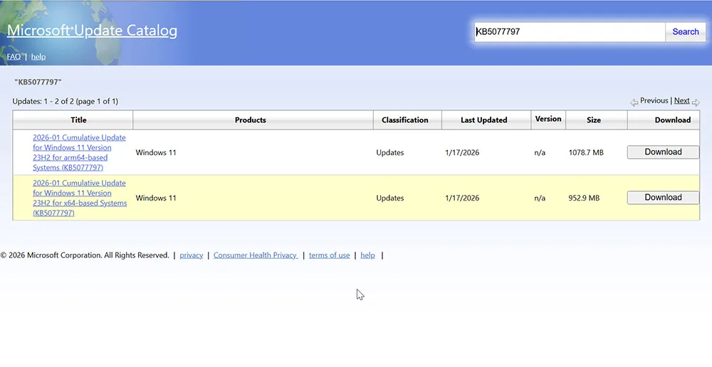 Microsoft Update Catalog search results for KB5077797