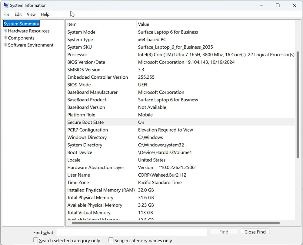 System Information msinfo32 showing Secure Boot and security configuration indicators
