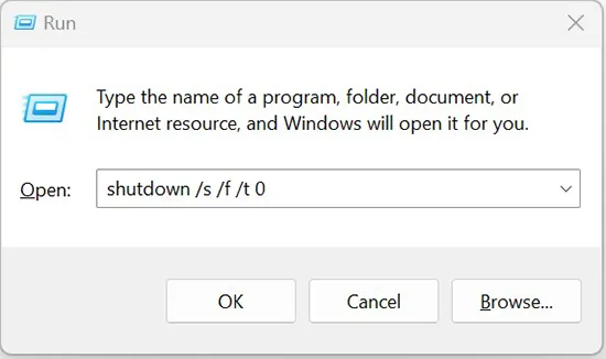 Windows Run dialog showing shutdown command used to force a full shutdown