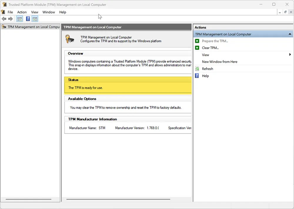 TPM 2.0 ready for use in Windows 11