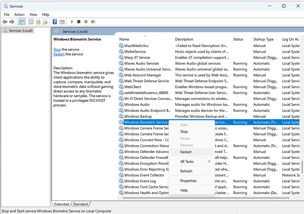 Restarting Windows Biometric Service