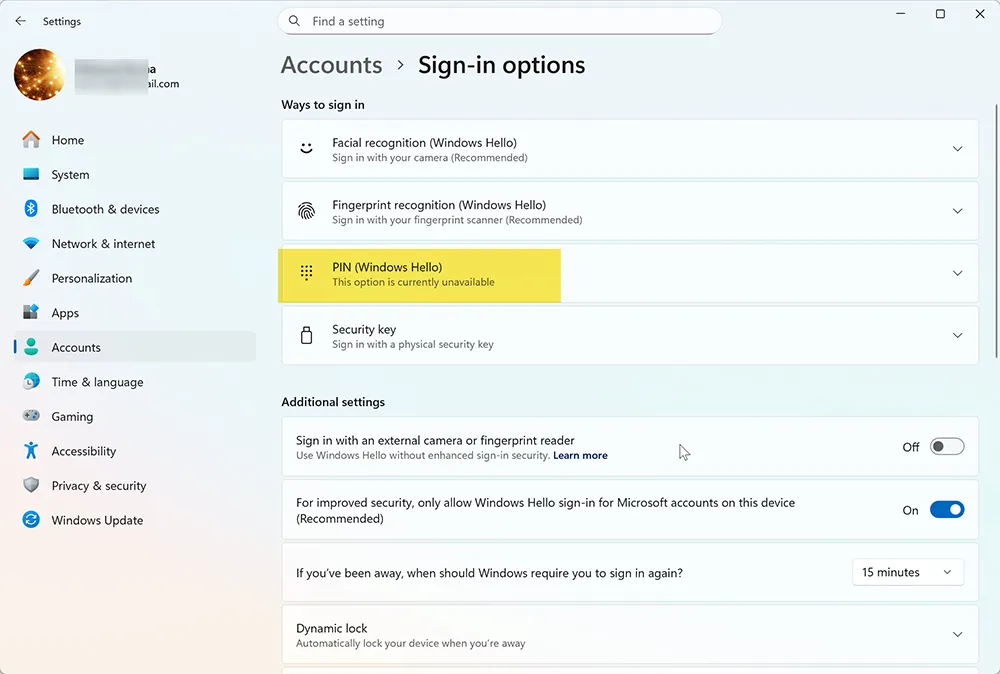 Windows Hello options greyed out in Windows 11
