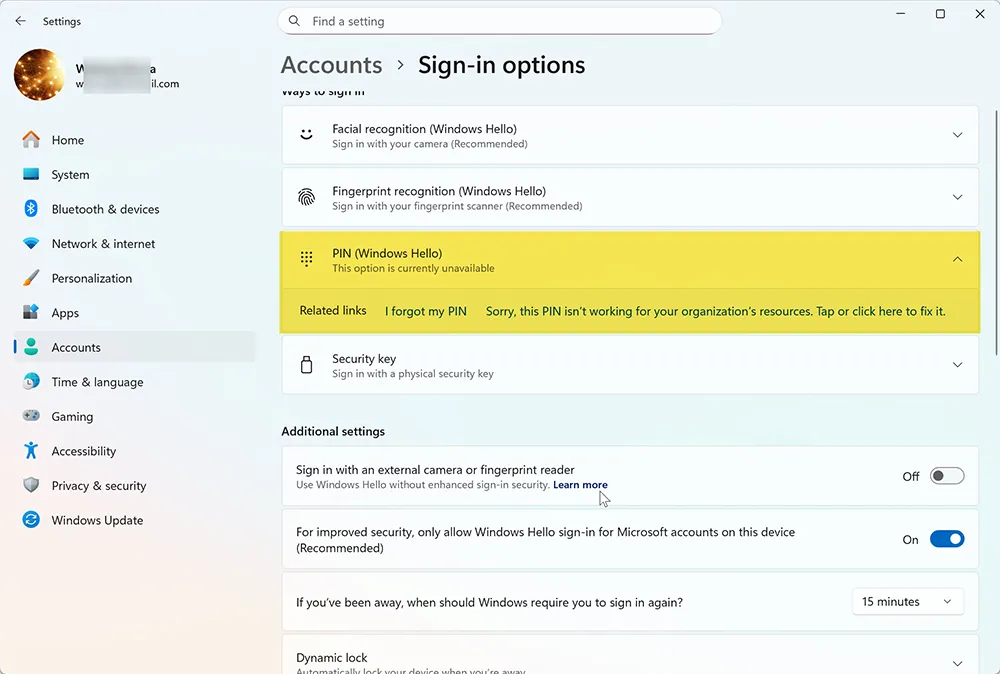 Windows Hello PIN not working error