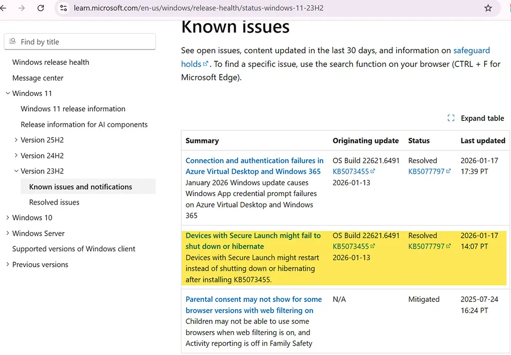 Windows 11 23H2 release health showing Secure Launch shutdown or hibernate known issue
