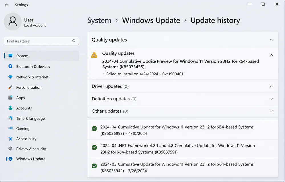 Windows 11 update history showing KB5073455 installed