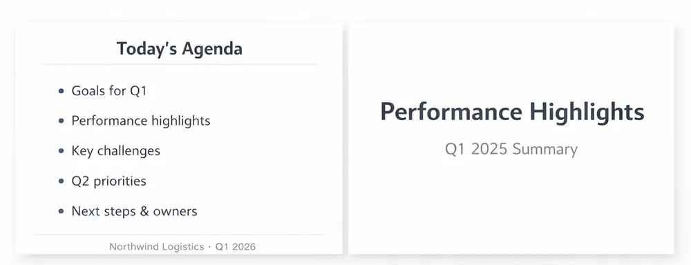 Example of a professional agenda slide and a section divider slide with large section text and minimal design.