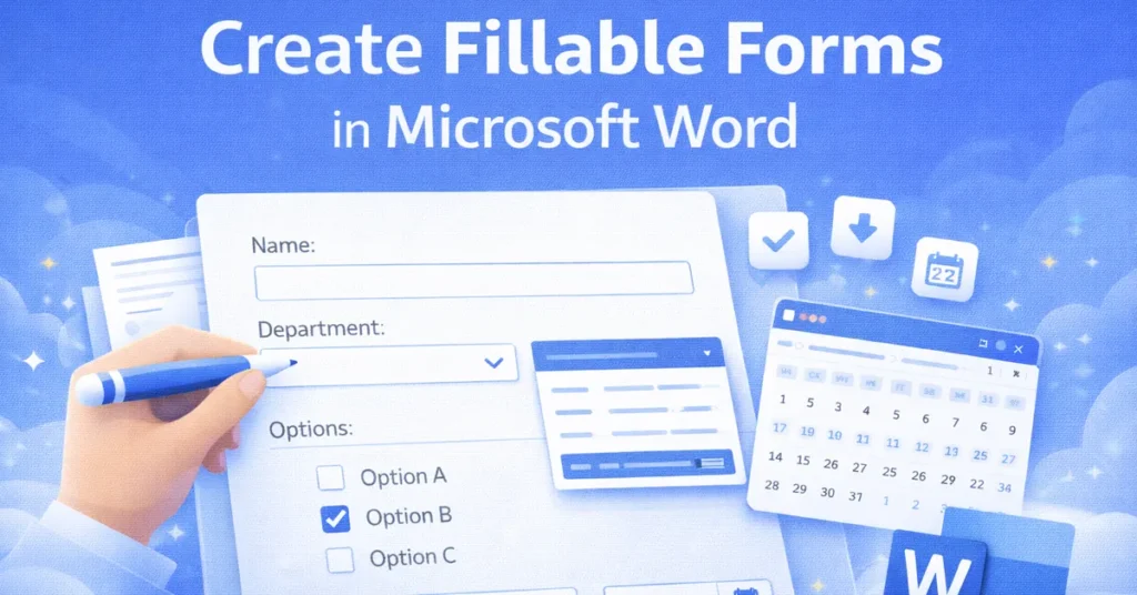 Microsoft Word fillable form example with text fields, dropdowns, and checkboxes