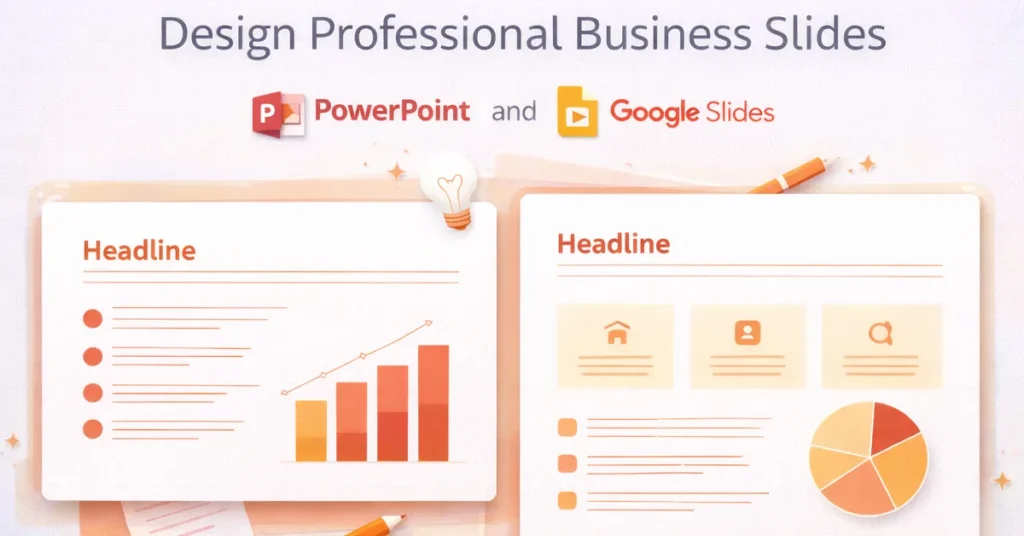 Clean, modern illustration representing professional business slide design in PowerPoint and Google Slides with aligned layout blocks, typography hierarchy, and simple charts.