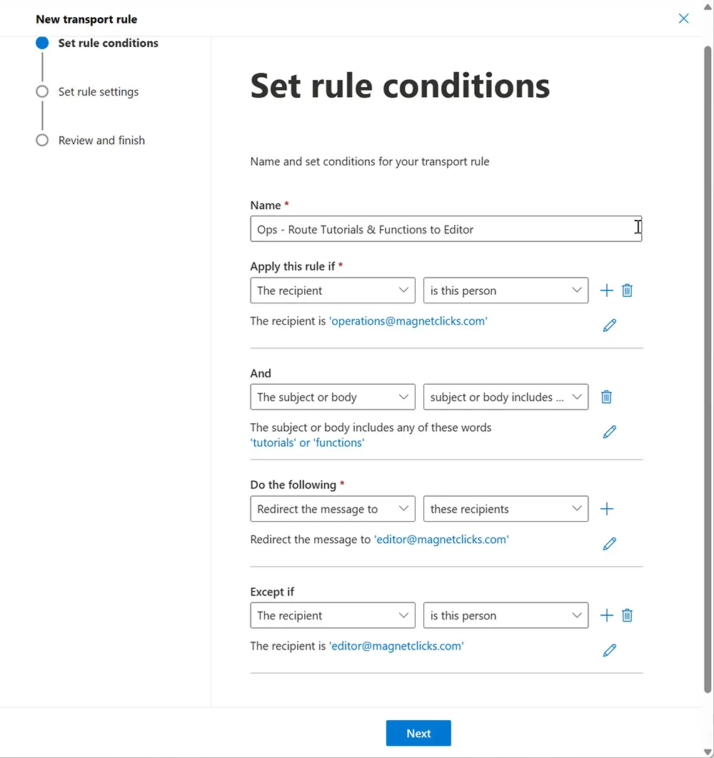 Exception section showing recipient is editor@magnetclicks.com to prevent loops