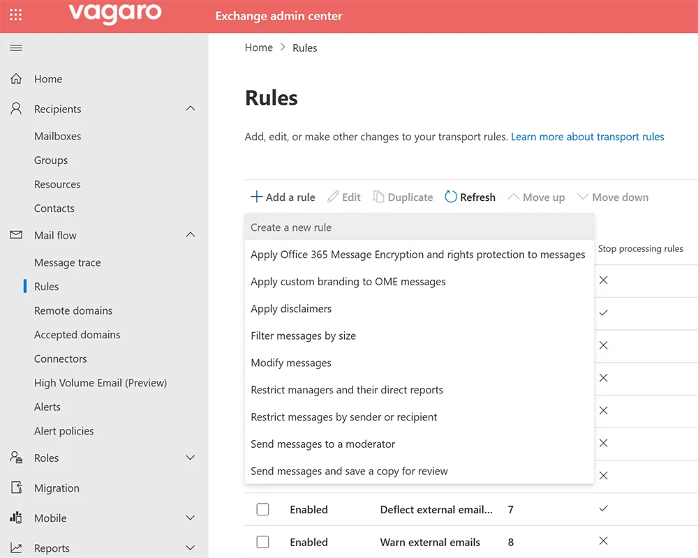 Exchange Admin Center navigation highlighting Mail flow and Rules