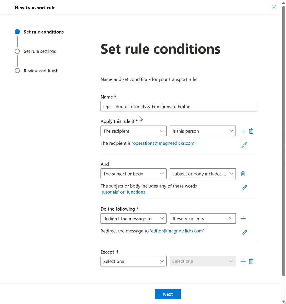 Recipient picker selecting editor@magnetclicks.com as the redirect target