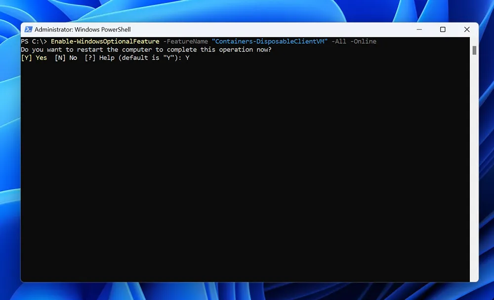 PowerShell command enabling Windows Sandbox feature