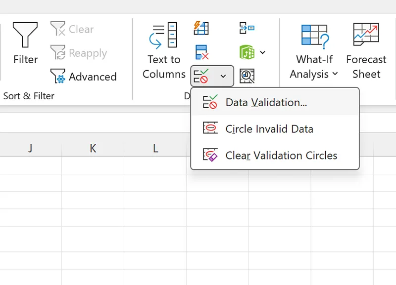 Excel for Windows Data tab showing the Data Validation button