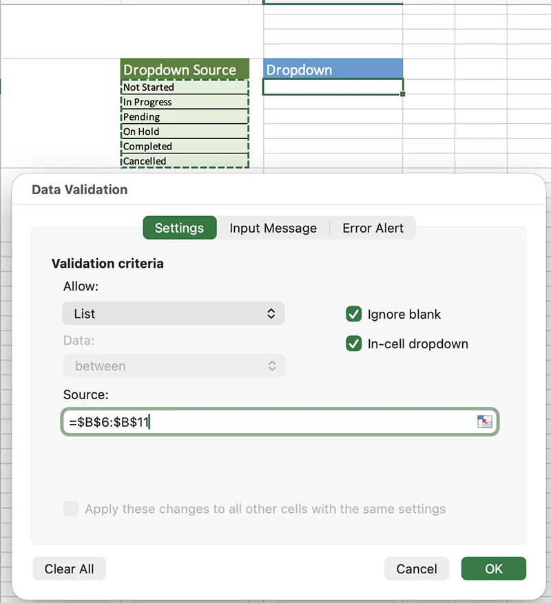 Excel for Mac Data Validation settings with Allow set to List