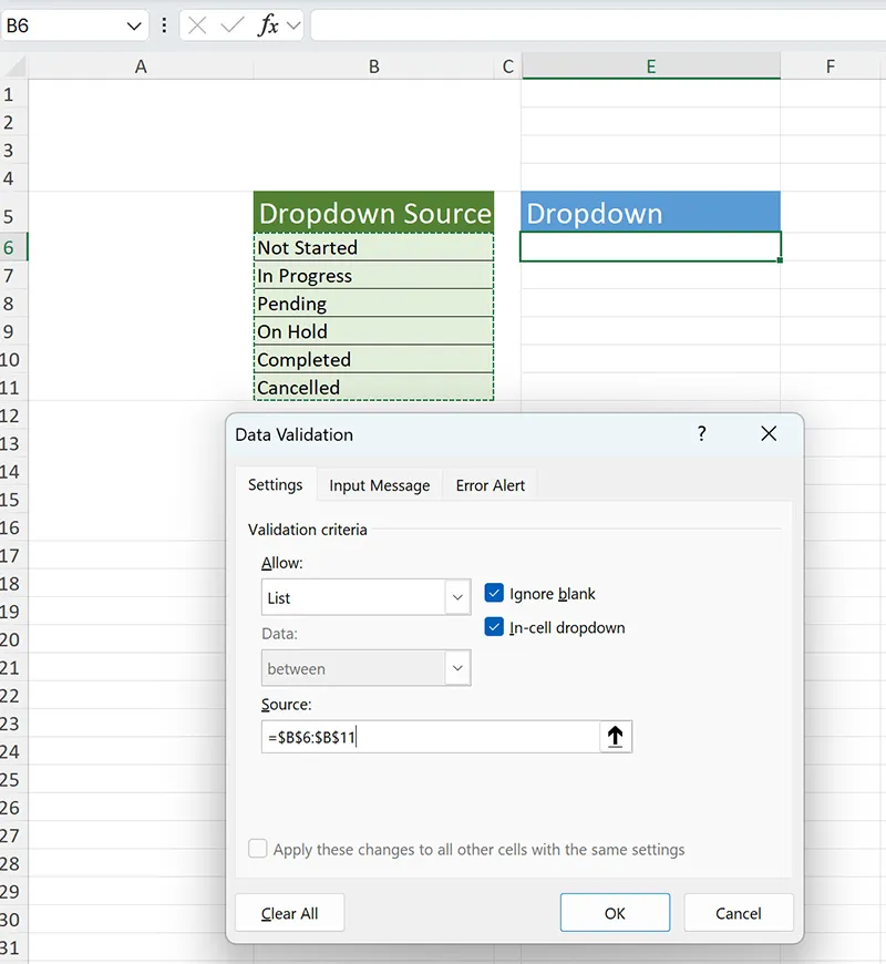 Excel Data Validation dialog with Allow set to List on Windows