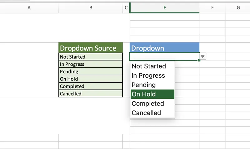 Excel dropdown list expanded in a cell on macOS